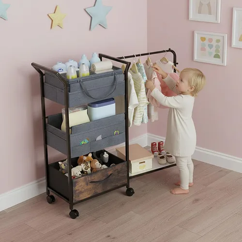 Vista 7 de Organizador de pañales para bebé, carrito rodante de 3 niveles con estante de ropa para niños, carrito de utilidad móvil con divisores y cajones