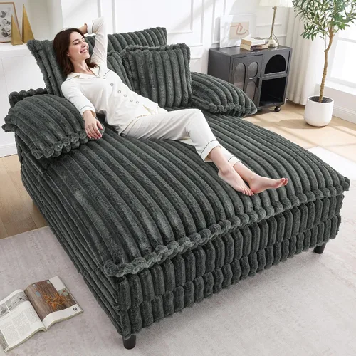 Vista 9 de WESTSETLUX Tumbona extragrande de 54.8 pulgadas de ancho para interiores con respaldo ajustable de 5 posiciones, sofá cama de pana con 3 almohadas