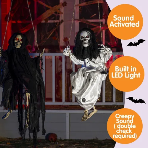Vista 3 de JOYIN 2 piezas de decoración de fantasmas colgantes de Halloween al aire libre, decoración de Halloween con ojos iluminados, espeluznante esqueleto