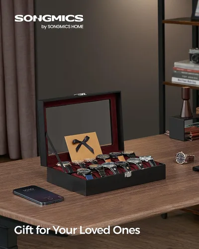 Vista 2 de SONGMICS Caja de reloj, caja de reloj de 12 ranuras con tapa de vidrio grande, almohadas extraíbles para reloj, organizador de caja de reloj, regalo