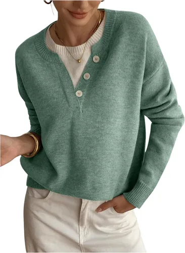 Vista 22 de SOLY HUX Suéteres Pullover para Mujer de Manga Larga con Botones Cuello Redondo 2 en 1 Tops de Punto Holgados Albaricoque puro