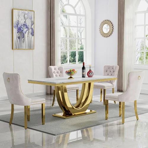 Vista 33 de Juego de mesa de comedor de mármol sintético, 7 piezas, juego de mesa de cocina y comedor para 6, mesa de comedor rectangular blanca de 70 pulgadas