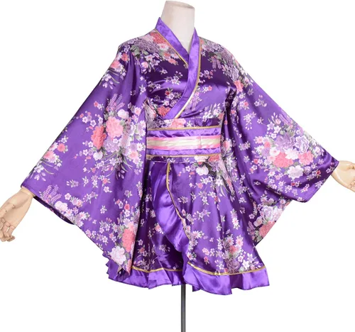 Vista 4 de Wraith of East Kimono Disfraz adulto japonés Geisha Yukata Floral Patten vestido de flor albornoz ropa de dormir con cinturón Obi