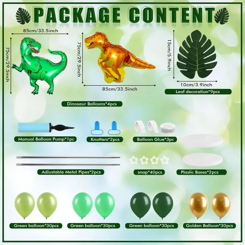 Vista 3 de Juego de 2 soportes de columna de globos de dinosaurio, kit de columna de globos de oro verde y verde ajustable con temática de dinosaurio