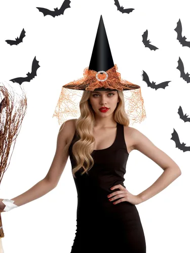 Vista 3 de Edoneery Sombrero de bruja de Halloween para mujer, encaje de malla, accesorio de disfraz de mago para fiestas de cosplay