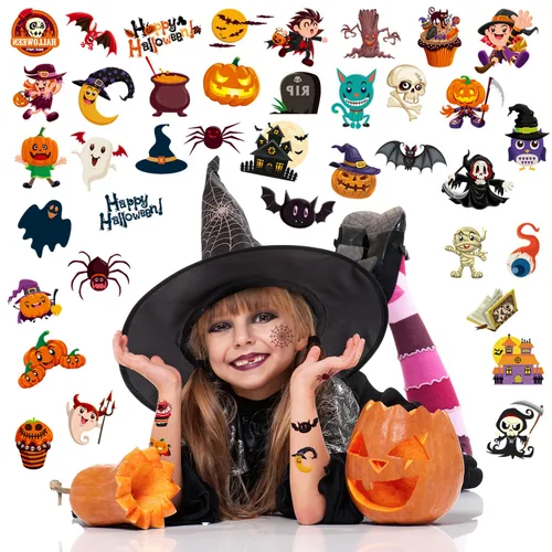 Vista 2 de Smilinfit Tatuajes temporales de Halloween para niños, recuerdos de fiesta de Halloween, hojas envueltas individualmente, suministros de decoración