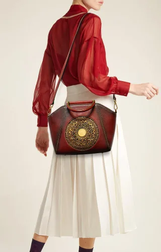 Vista 3 de Bolsos de cuero genuino para mujer, organizador retro de cuero de curtido vegetal, bolso de hombro de tótem en relieve vintage