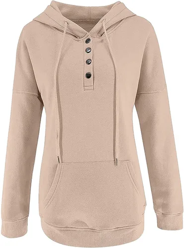 Vista 16 de Sudaderas con capucha para mujer, con cuello de botón, sin botones, con cordón, manga larga, lindas, ropa para adolescentes y niñas