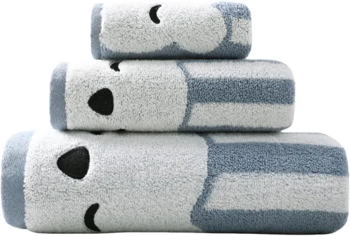 Vista 8 de Juego de 3 toallas de baño de alta calidad para niños (oso travieso), 1 toalla de baño, 1 toalla de mano, 1 toallita, secado rápido, 100% algodón