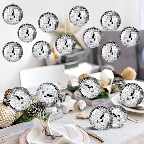 Vista 7 de 17 Piezas de Decoración de Bola de Discoteca: Bolas de Discoteca Colgantes de Espejo de Tamaño Variado Mini y Grande - Adornos de Navidad Plateados
