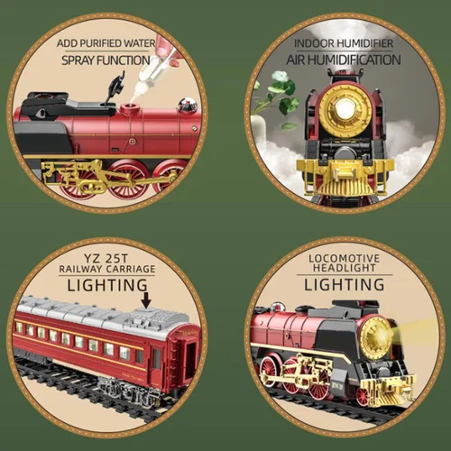 Vista 3 de Juego de tren vintage, tren a control remoto con luz, vapor y humo, modelo de locomotora eléctrica de árbol de Navidad con pista ovalada y carro