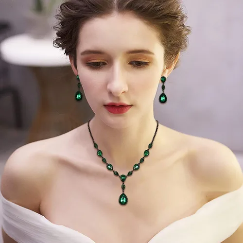Vista 3 de EleQueen - Conjuntos de joyería con aretes colgantes de circonia cúbica en forma de lágrima con collar en Y para mujeres, damas de honor, novias
