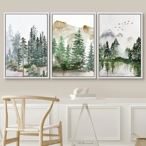 Vista 611 de SIGNWIN Lienzo enmarcado para pared, juego de arte pastel con cadena montañosa, bosque, niebla, naturaleza silvestre, ilustraciones modernas, arte