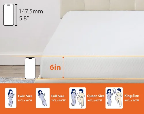 Vista 2 de Colchón individual de 6 pulgadas, espuma viscoelástica de gel para un sueño fresco y alivio de presión, almohadilla firme media, cama en una caja
