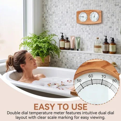 Vista 5 de 2 in 1 Sauna Thermometer and Hygrometer, Wood Hygrometer Double Dial Indoor Humidity Temperature Measurement Sauna Room Equipment Accessories