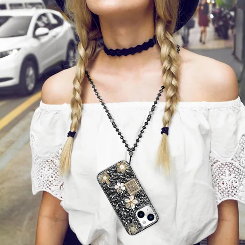 Vista 7 de Losin Funda compatible con iPhone 15 con correa de cordón, diamantes de imitación de cristal 3D de lujo para mujeres y niñas, funda brillante