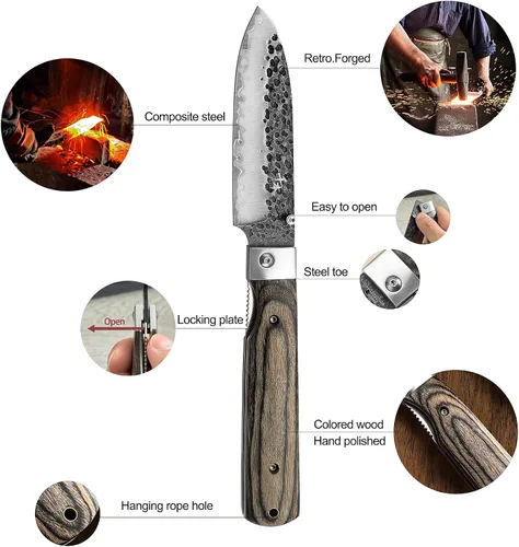 Vista 4 de Cuchillo de chef plegable afilado de acero inoxidable forjado 440A, cuchillo de fruta, mango de madera colorida, barbacoa de camping, cuchillo