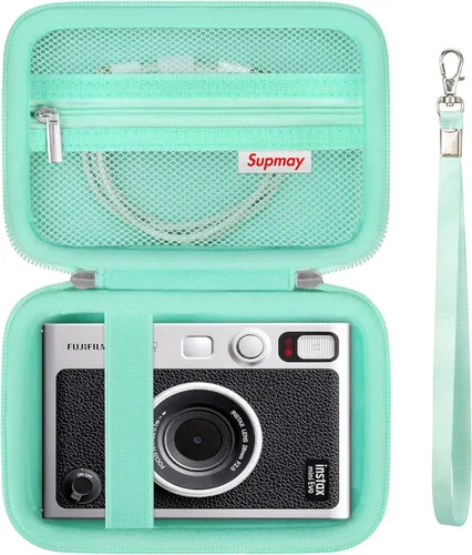 Vista 14 de Funda de transporte compatible con cámara instantánea Fujifilm Instax Mini EVO, bolsa de viaje con bolsillo de malla para fotos, cables USB Negro