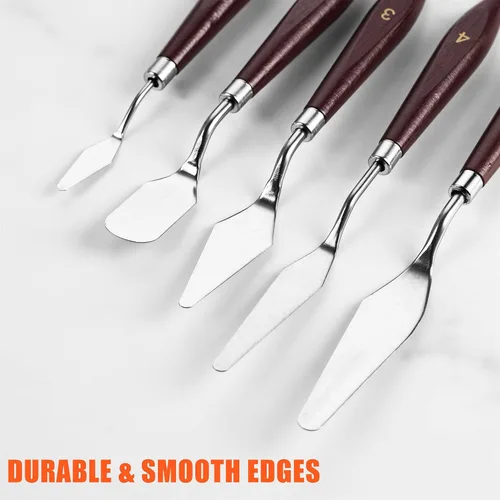 Vista 4 de Cuchillo de paleta – 5 cuchillos de acero inoxidable con bordes lisos y mango de madera para un agarre resistente, raspador de mezcla para pintura