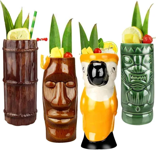 Vista 3 de LINALL Tiki Mugs - Juego de 8 tazas de cóctel de cerámica TIKI tazas hawaianas para fiesta hawaiana, vasos de cóctel exóticos hawaianos TKSET0080