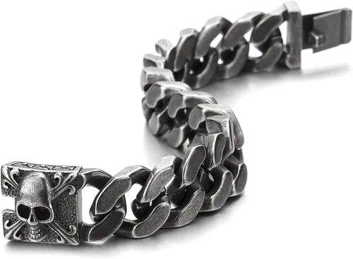 Vista 4 de COOLSTEELANDBEYOND Pulsera de cadena de acero cepillado vintage grande para hombre con flor de lis y calavera