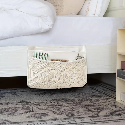 Vista 5 de Mkono Cesta decorativa de cuerda de algodón de macramé y organizador de almacenamiento de macramé bohemio para el hogar, dormitorio, sala de estar