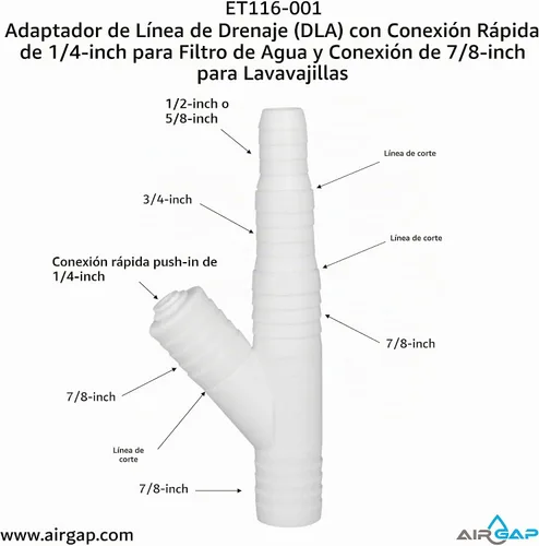 Vista 2 de Adaptador de línea de drenaje (DLA) con ajuste de conexión rápida de 1/4 pulgadas para un filtro de agua y ajuste de 7/8 pulgadas para un