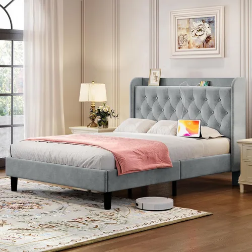 Vista 15 de koorlian Marco de cama tamaño matrimonial, Marco de cama tamaño matrimonial con cabecero, Marco de cama tapizado ajustable con puerto tipo C y USB