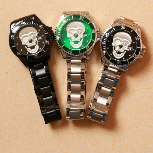 Vista 5 de Relojes de calavera para hombre, esqueleto 3D, bisel unidireccional, 30M, relojes de pulsera de cuarzo impermeables