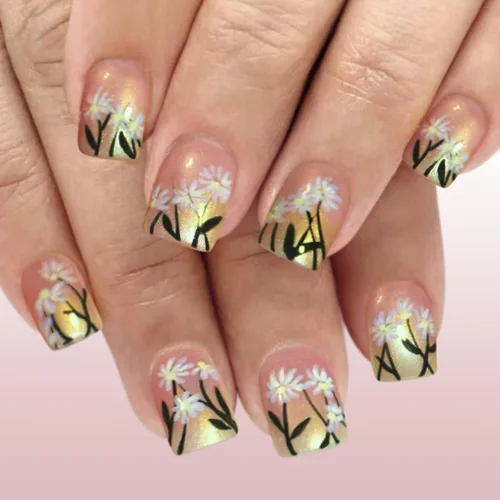 Vista 41 de Uñas postizas a presión con punta francesa, uñas postizas cuadradas cortas con diseños de cuentas de flores 3D, uñas blancas a presión, uñas Blanco