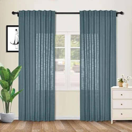 Vista 9 de cololeaf Cortinas de lino naturales de 63 pulgadas de largo, cortinas neutras con bolsillo para barra, pestaña trasera, oscurecimiento de la Aqua