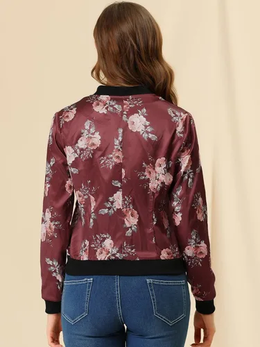 Vista 5 de Allegra K Campera abombada informal, con estampado floral, con cierre, con cuello levantado, de mangas largas, para mujer.