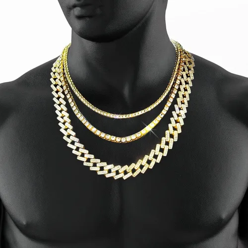 Vista 4 de HH BLING EMPIRE Cadena de eslabones cubanos y tenis dorados para hombre juego de collar de cadena cubana de diamantes para hombre cadena de joyería