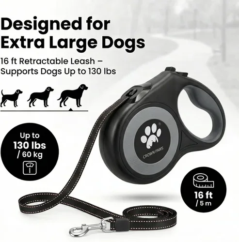 Vista 4 de Correa retráctil de 16 pies para perros extra grandes de hasta 130 libras, cinta de nailon sin enredos, color negro Dan24 XL