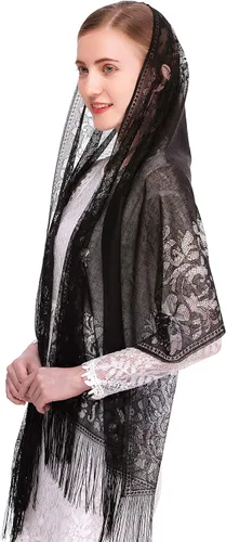 Vista 2 de PAMOR Bufanda de velo de capilla, velos de mantilla, chal rectangular con ribete de flecos