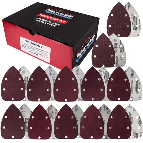Vista 7 de ProductionShop Hojas de papel de lija prémium con diseño de ratón de 5 agujeros, paquete variado de 50 discos, granos 40, 80, 100, 120, 180, 220