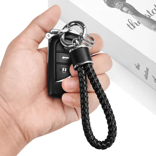 Vista 2 de Tukellen Llavero de tejido de cuero para automóvil, llavero de regalo para mujer, con anillo en D giratorio de 360 grados y destornillador