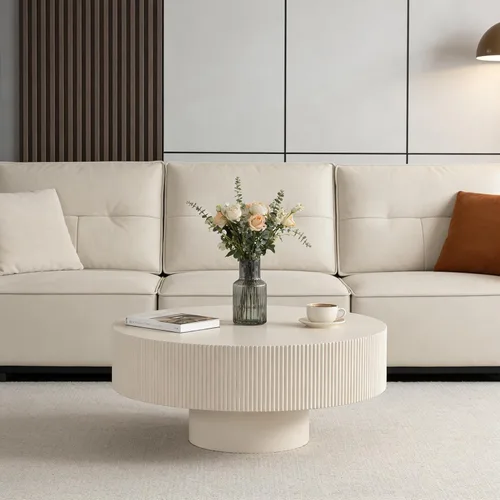 Vista 4 de Mesa de centro redonda acanalada de tambor, moderna mesa de centro circular de madera, mesa de té de relieve hecha a mano con pedestal resistente