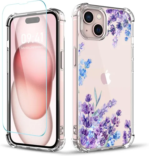 Vista 15 de Funda para iPhone 14, [3 en 1] con protector de pantalla y protector de lente de cámara, diseño de patrón de flores, transparente, suave, a prueba
