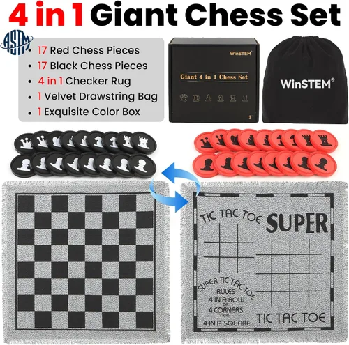 Vista 2 de Juego de ajedrez gigante 4 en 1, ajedrez gigante y damas gigantes y dedo grande de Tic Tac, juego de mesa de ajedrez gigante para niños y adultos
