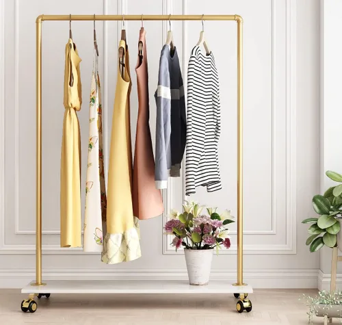 Vista 8 de Perchero de metal dorado con estante de madera, perchero resistente con ruedas para dormitorio, uso en boutiques minoristas (37.4 pulgadas de largo)