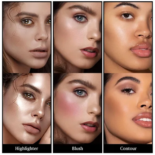 Vista 8 de Kit de contorno en crema de 3 piezas, rubor crema, iluminador, bronceador de contorno para mejillas, impermeable, de larga duración, mezclable, trío