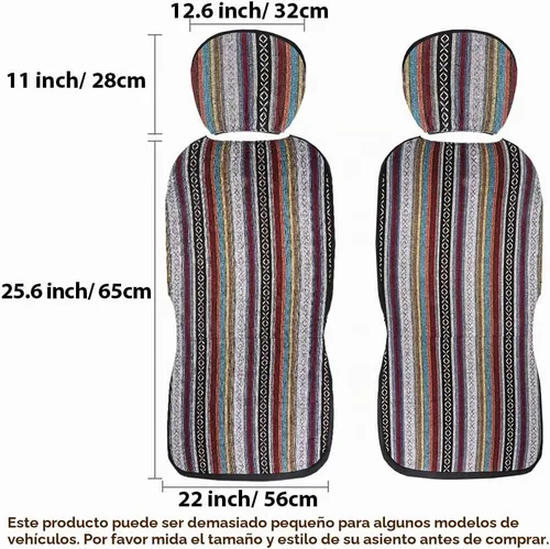 Vista 3 de Funda de Asiento de Coche Manta Baja Saddle 4PCS Delantera a Rayas Multicolor, Funda de Asiento Hippie Boho de Ajuste Universal para Toyota, Honda