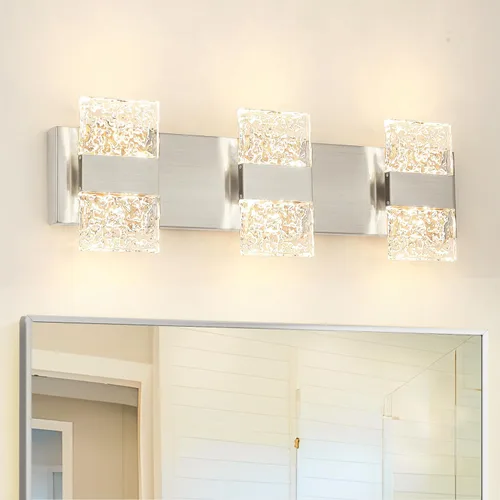 Vista 21 de Lámpara de tocador de baño moderna de cromo de 4 luces, elegantes accesorios de iluminación de baño de LED de cromo sobre espejo, accesorios