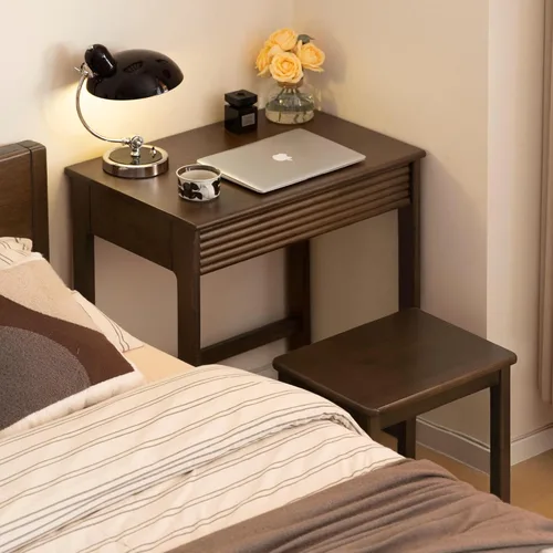 Vista 5 de Escritorio de madera maciza con acabado de nogal, escritorio pequeño para oficina en casa, escritorio de computadora para espacios pequeños