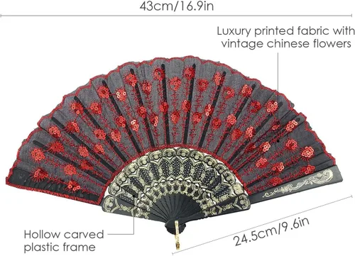 Vista 2 de InnoLife Elegante abanico de mano plegable con flores bordadas y patrón de pavo real con lentejuelas en tela artesanal (5 piezas, rojo)