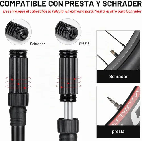 Vista 4 de CXWXC Bomba de bicicleta portátil - Mini bomba de bicicleta con manómetro se adapta a válvulas Presta y Schrader - Bomba de aire para bicicleta