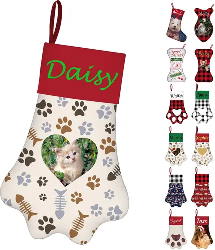 Vista 18 de Calcetines de Navidad personalizados con foto de nombre, medias personalizadas en forma de hueso para perros, gatos, mascotas, medias de Navidad