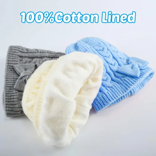 Vista 7 de 3 Pieces Fleece Lined Baby Beanie with Bow, Infant Newborn Toddler Kids Winter Warm Knit Cap for Boys Girls