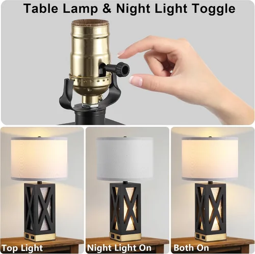 Vista 3 de Lámpara de mesa de madera con 3 temperaturas de color, lámpara de mesa de noche con salida de CA, puerto de carga USB A y C, lámpara de noche